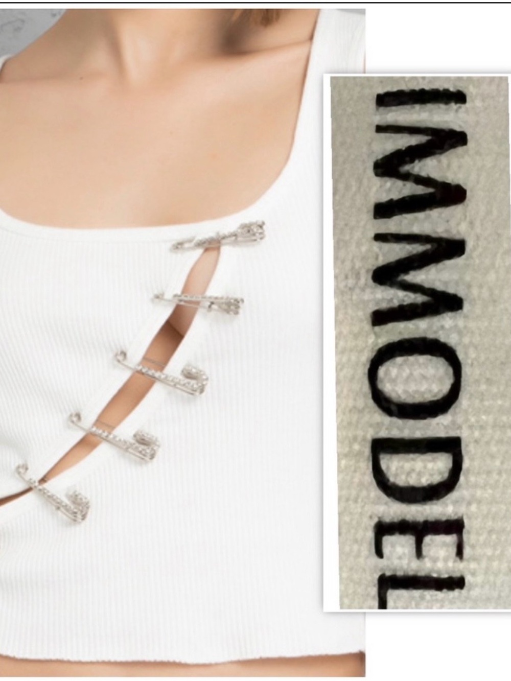 IMMODEL White Rhinestoned Safety Pin Top